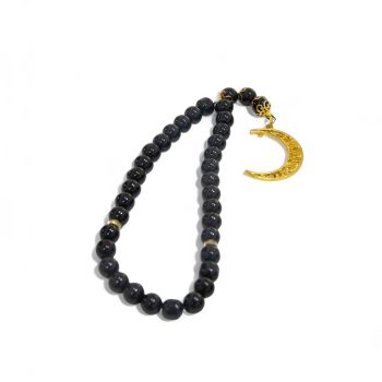 Crescent moon tasbeh – glossy black prayer beads with gold moon charm for spiritual focus