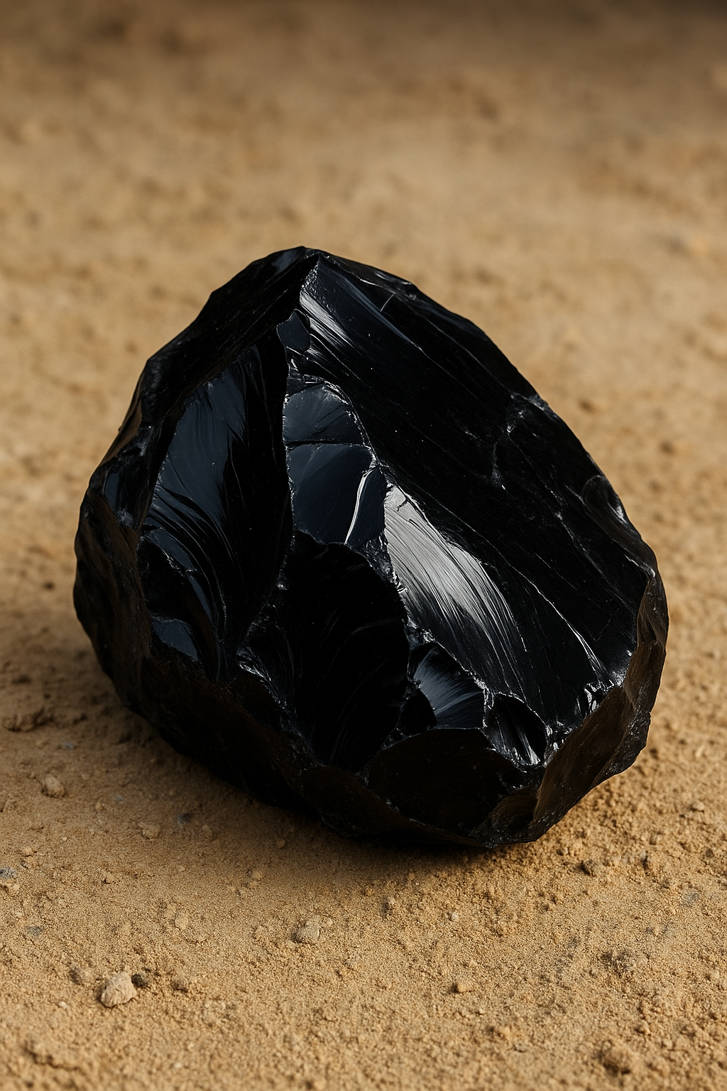 raw black obsidian dasi stone on sand