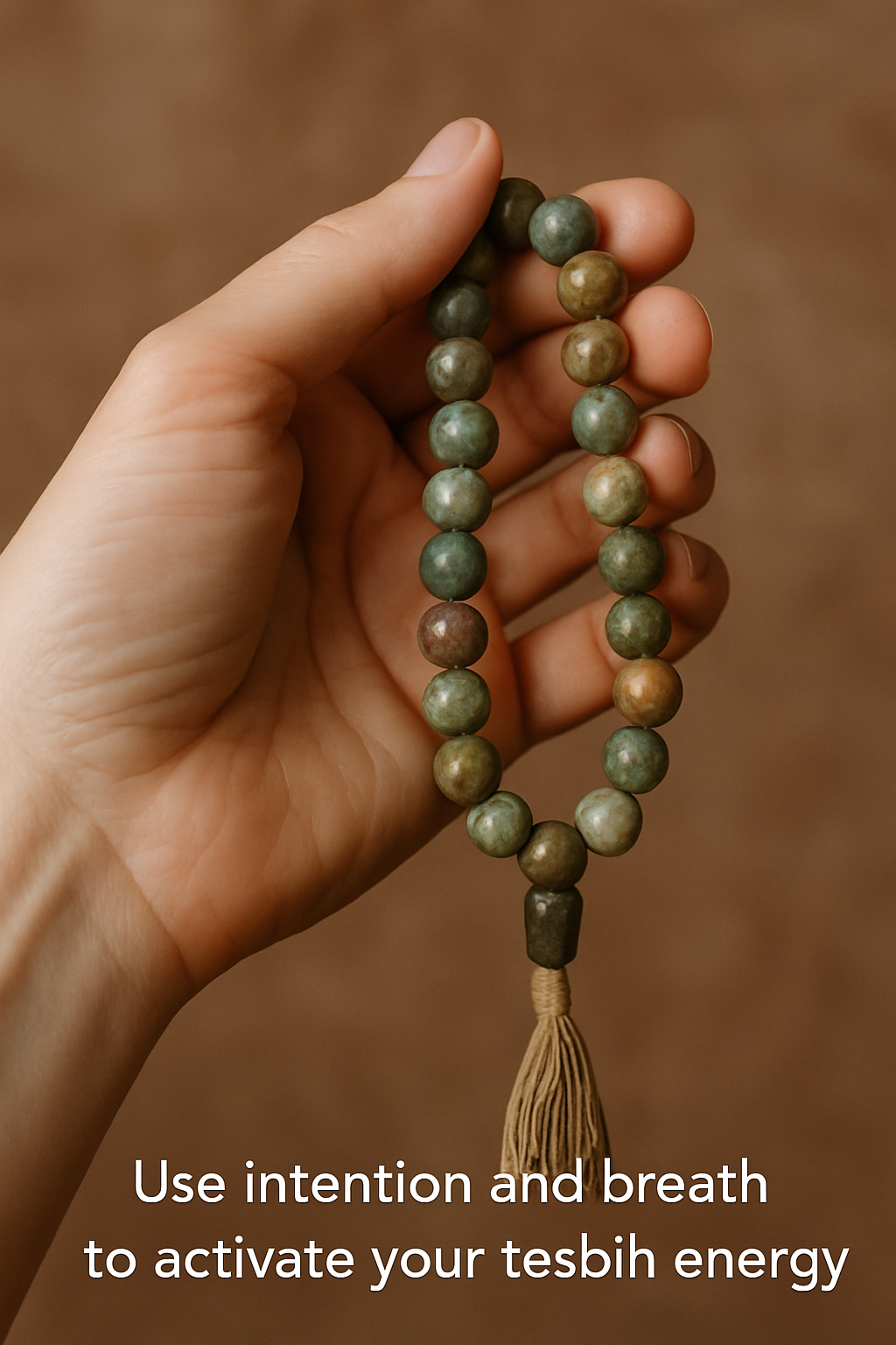holding stone tesbih in hand to connect energy