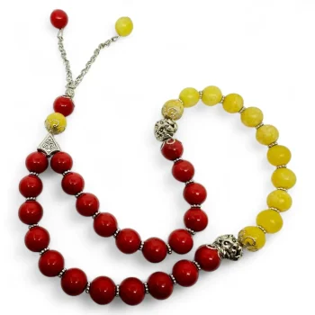 Galatasaray tasbih with red and yellow polished beads and silver lion accents
