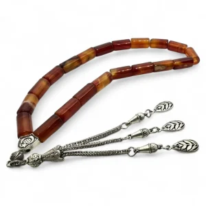 Orange agate cylinder tasbih with 33 polished beads and silver leaf tassels