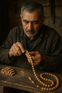 handmade wooden tasbih craftsman – natural beadwork in progress – tesbeh.al