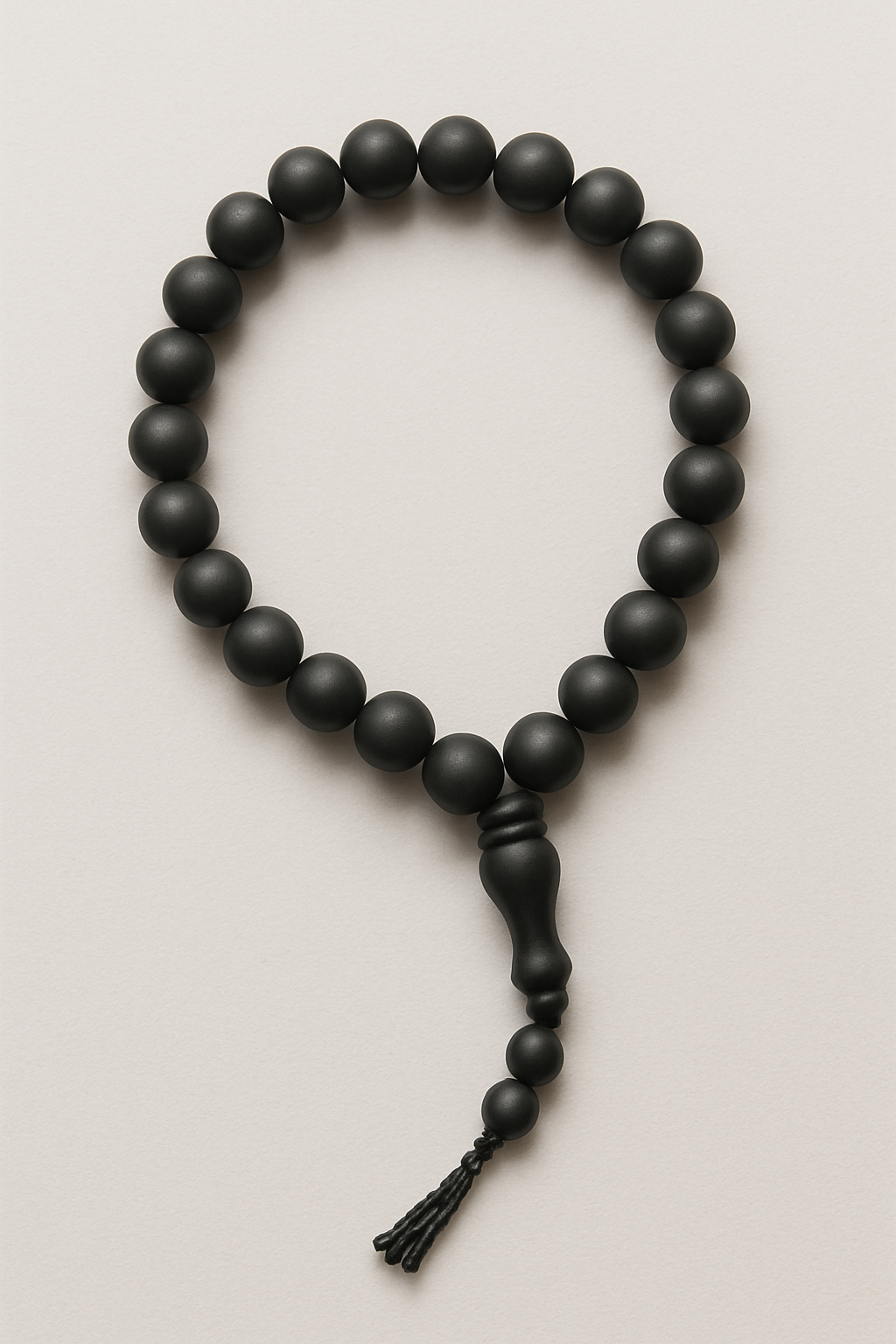 Black wooden rosary with matte-finished round beads and a bold stopper, laid on a minimal background.