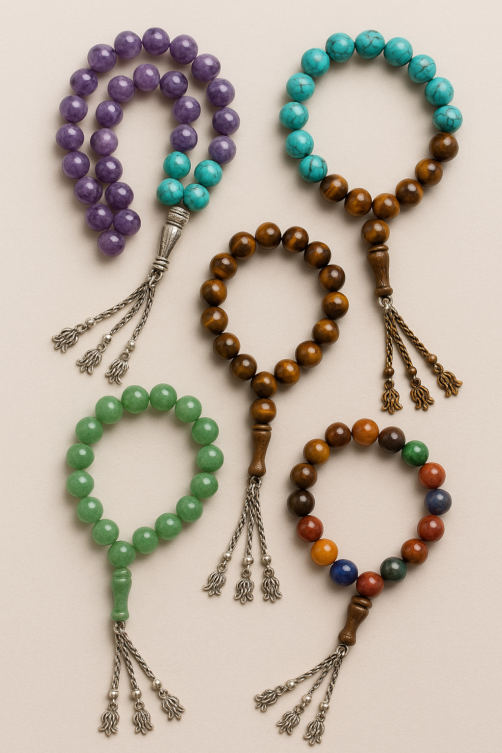 Natural stone rosary made of tiger eye, howlite, agate, and turquoise beads
