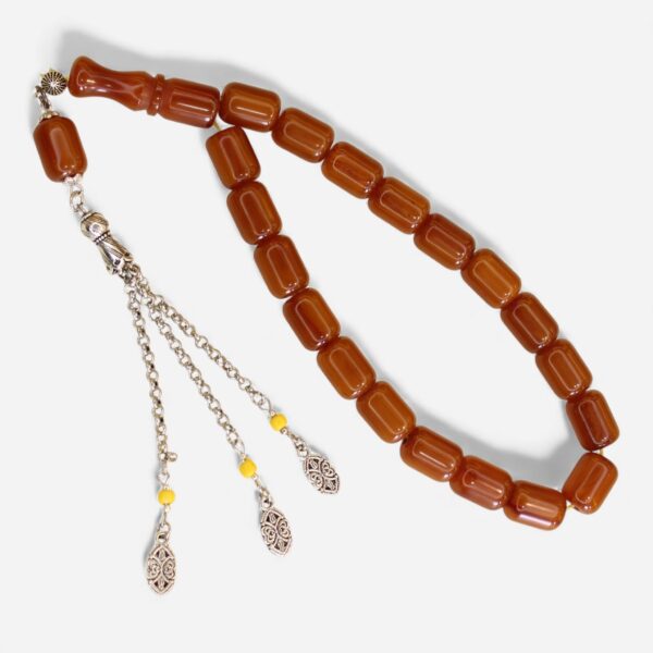 Sarı püsküllü qəhvəyi kəhrəba təsbeh