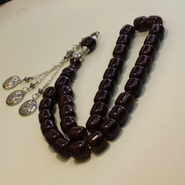 Osmanli-Bənzətməli-iridaslli-sixma-kəhrəba-təsbeh-2 Tünd qırmızı alpaka püsküllü osmanlı kəhrəba