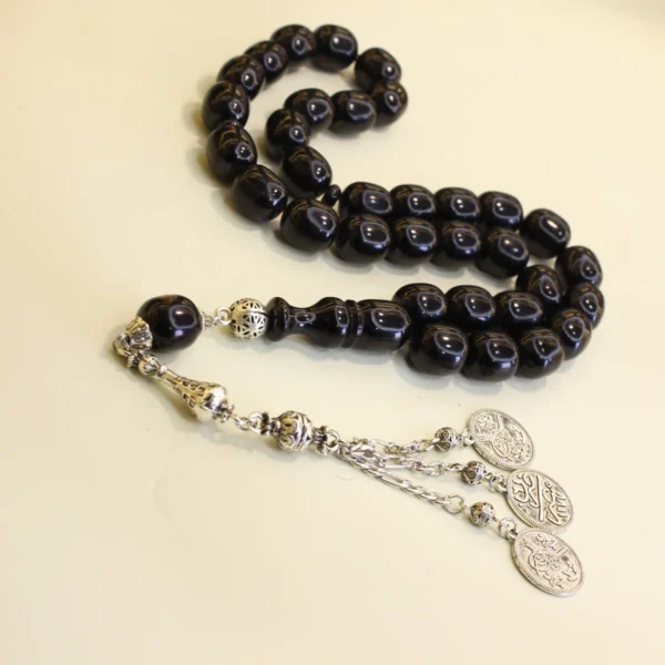 Osmanli-bənzətməli-iri-dasliq-qara-rəngli-sixma-kəhrəba-təsbeh-2 Qara alpaka püsküllü osmanlı kəhrəba