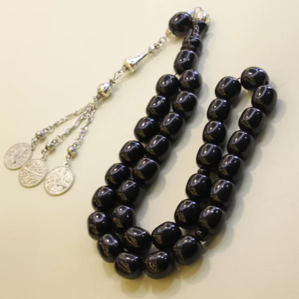 Osmanli-bənzətməli-iri-dasliq-qara-rəngli-sixma-kəhrəba-təsbeh-3 Qara alpaka püsküllü osmanlı kəhrəba