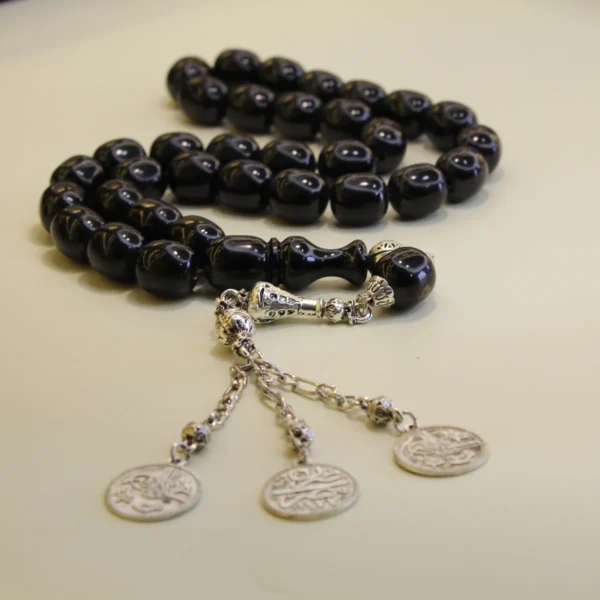 Osmanli-bənzətməli-iri-dasliq-qara-rəngli-sixma-kəhrəba-təsbeh-5 Qara alpaka püsküllü osmanlı kəhrəba