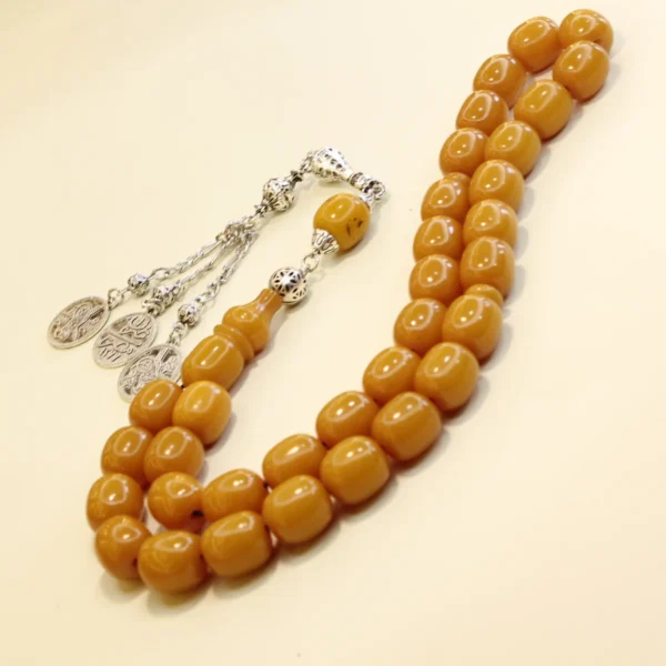 osmanli-bənzətməli-iri-dasli-aciq-qəhvəyi-sixma-kəhrəba-təsbeh-12 Sarı alpaka püsküllü osmanlı kəhrəba