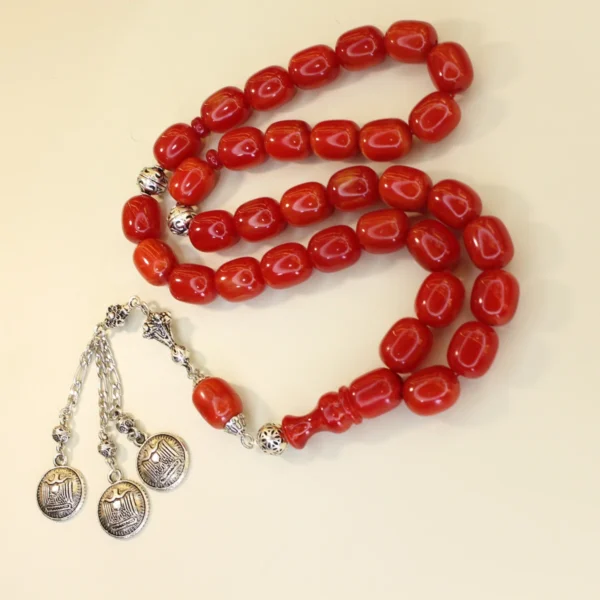 osmanli-bənzətməli-iri-dasli-tund-qirmizi-sixma-kəhrəba-təsbeh-3 Qırmızı alpaka püsküllü osmanlı kəhrəba