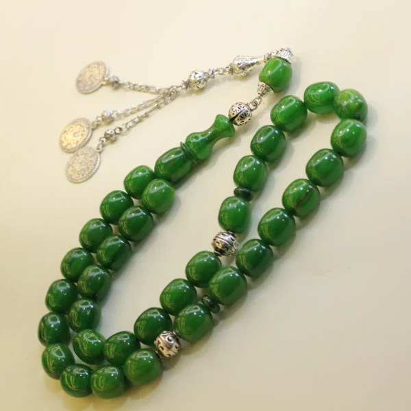 osmanli-bənzətməli-iri-dasli-yasil-rəngli-sixma-kəhrəba-təsbeh-3 Yaşıl alpaka püsküllü osmanlı kəhrəba