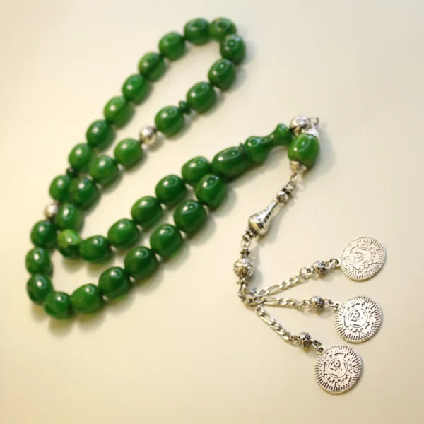 osmanli-bənzətməli-iri-dasli-yasil-rəngli-sixma-kəhrəba-təsbeh-7 Yaşıl alpaka püsküllü osmanlı kəhrəba